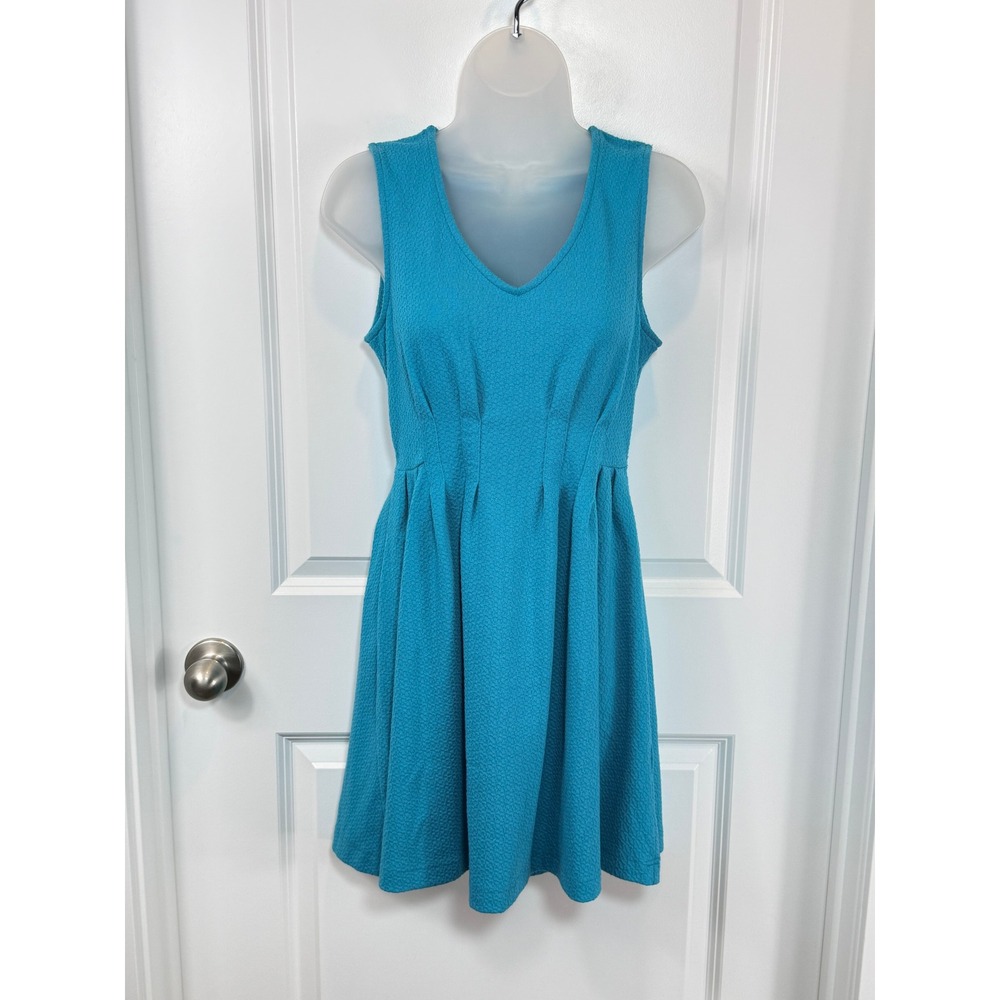 Buttons Teal Textured Sleeveless Pleated Fit Flare Dress Women's Small
